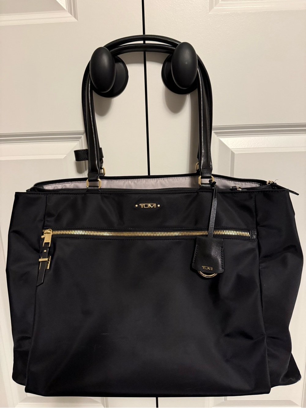 Tumi Black Nylon Tote with Gold Hardware Accents